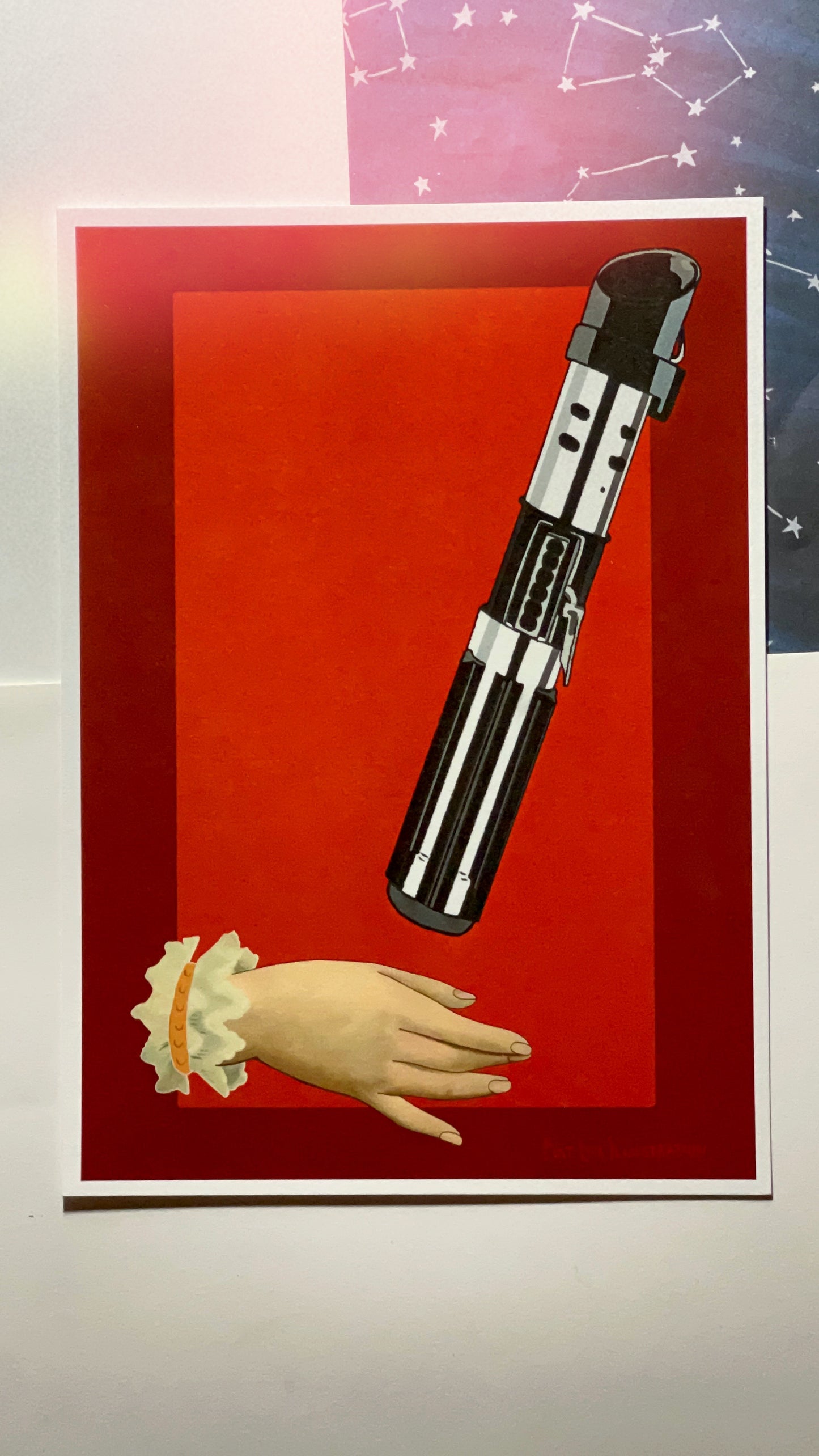 Art print based on Victorian calling card hands Vader’s Lightsaber dual toned red background