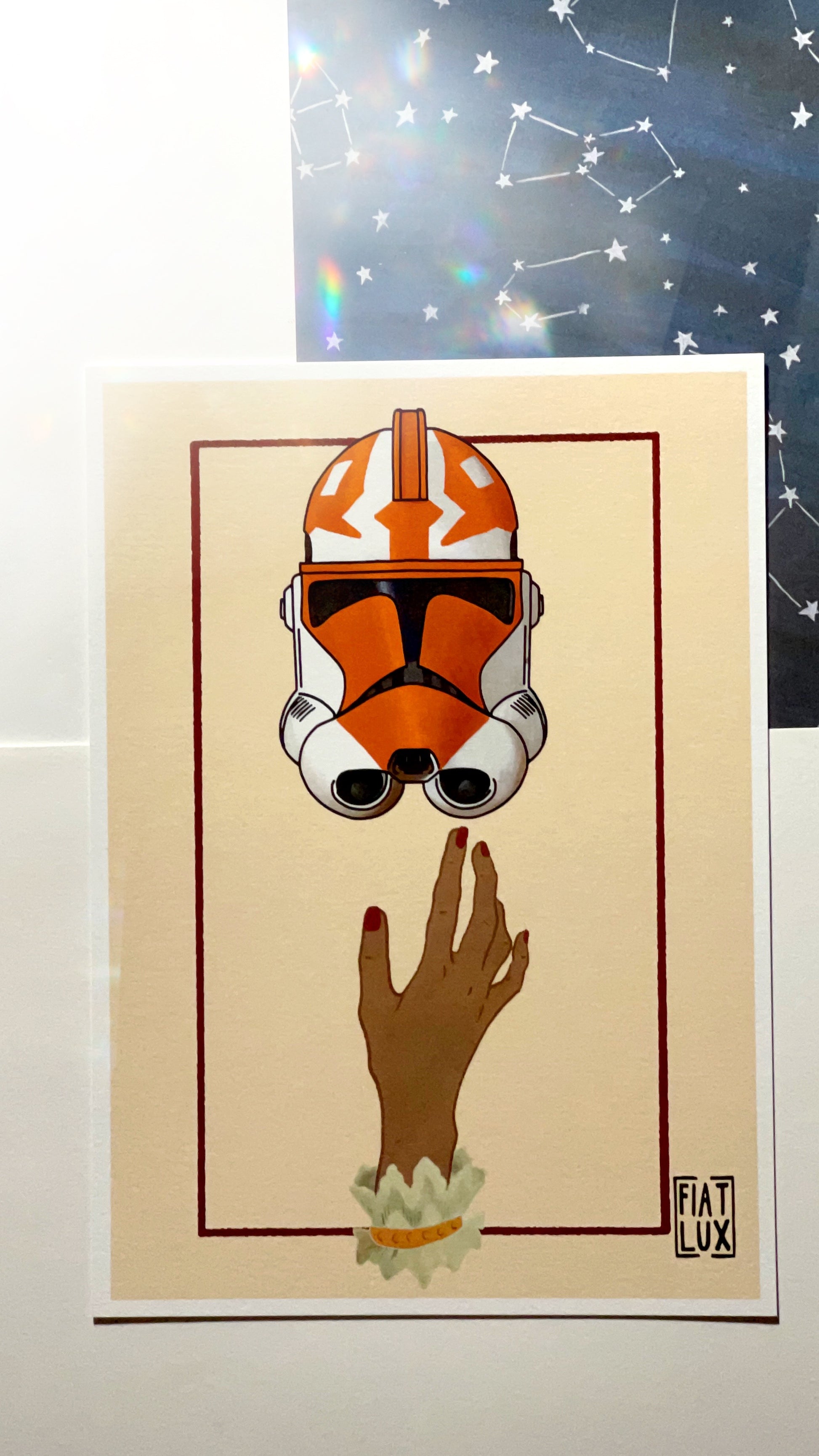 Art print based on Victorian calling card hands 332nd Ahsoka Tano's clone trooper helmet beige background red square border