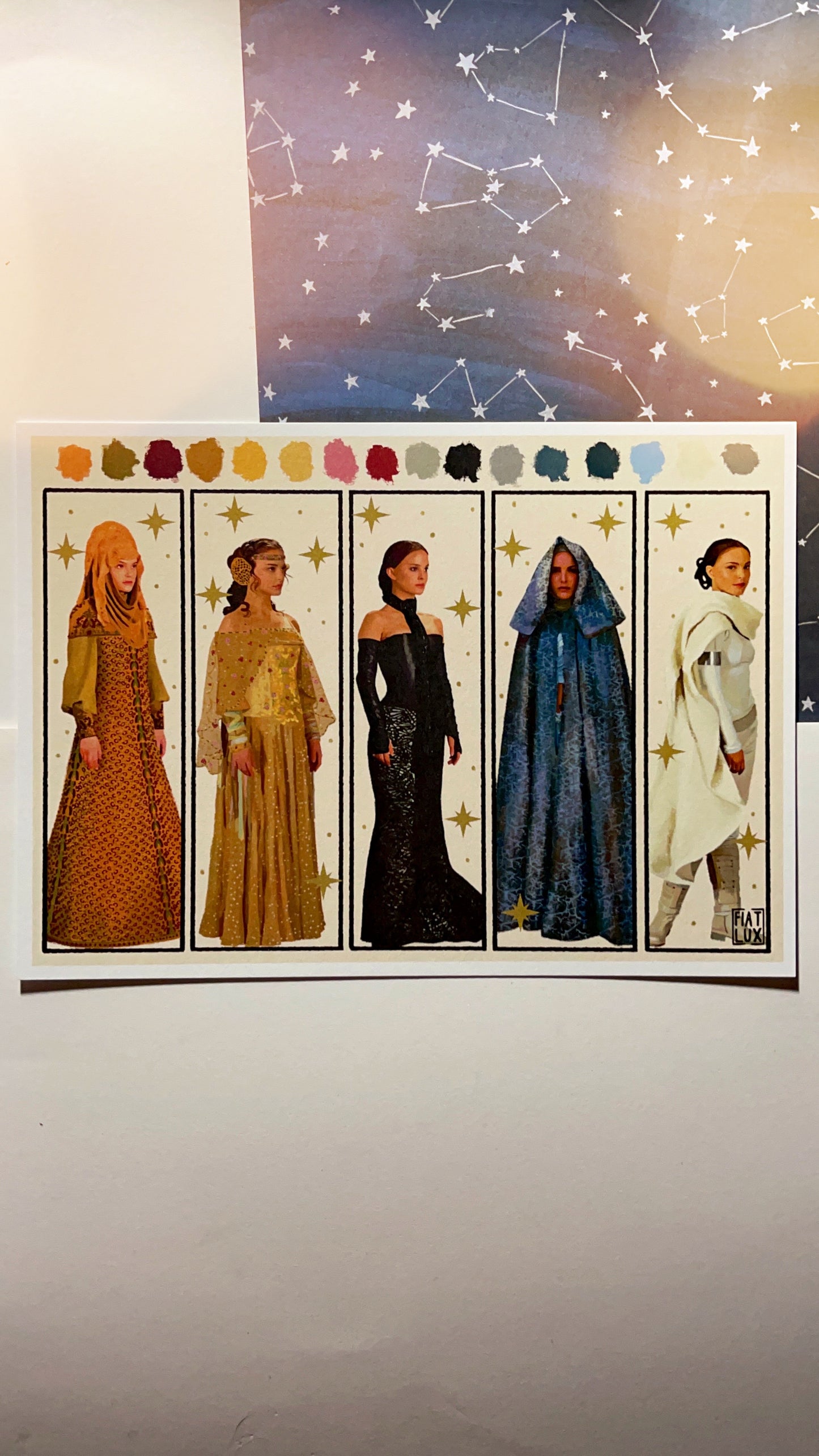 Art print of a Digital Sketchbook page with color palette swatches featuring five different costumes of Padme Amidala's in Attack of the Clones