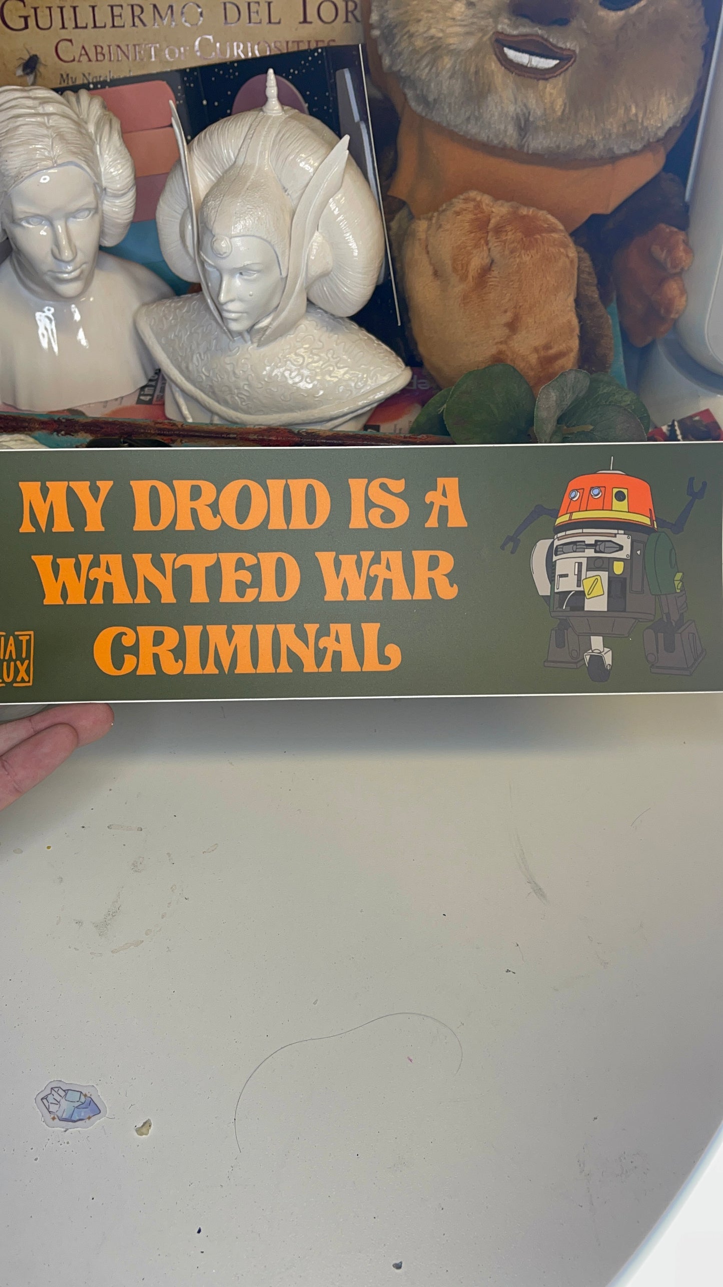 Chopper Bumper Stickers green background droid in corner text in orange my droid is a wanted war criminal
