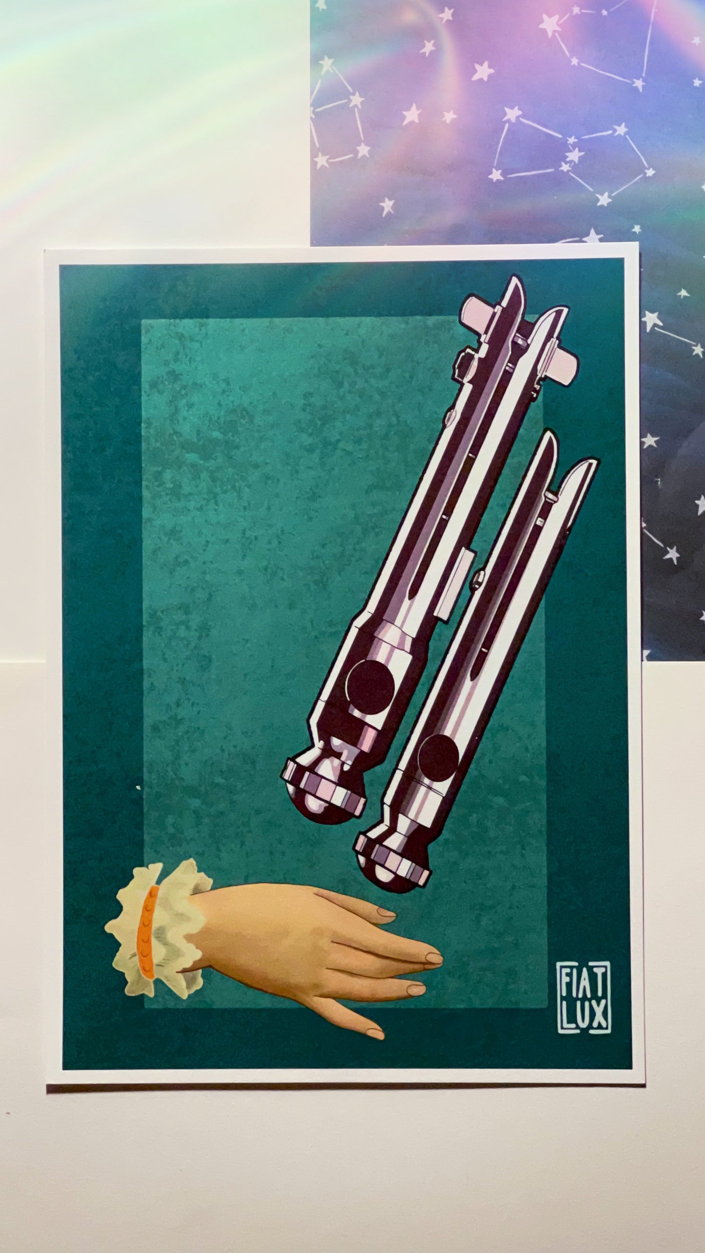Art print based on Victorian calling card hands Ahsoka’s Lightsaber dual toned blue background