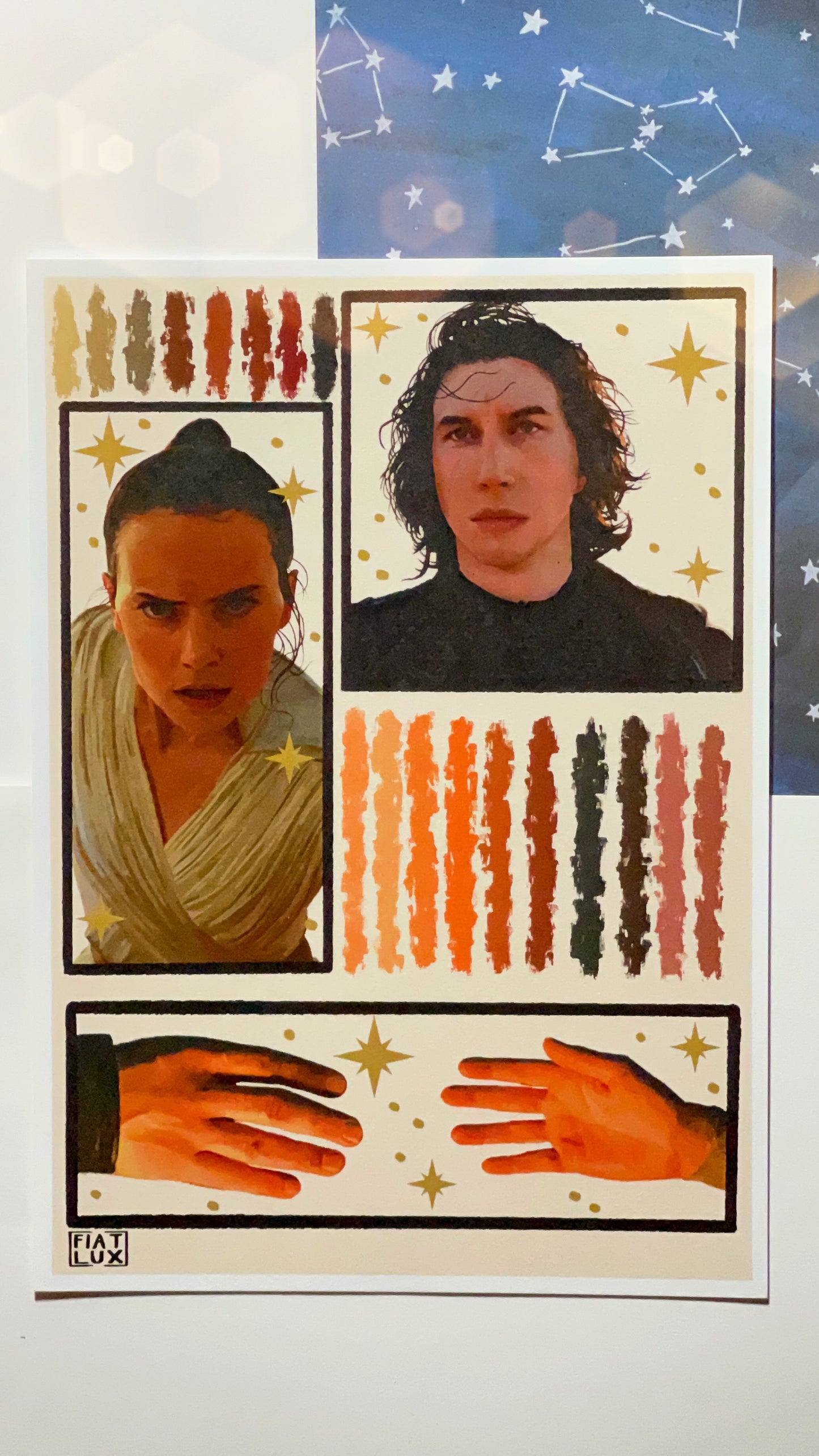 Art print of a Digital Sketchbook page with color palette swatches - Reylo hand touch and Rey and Kylo portraits
