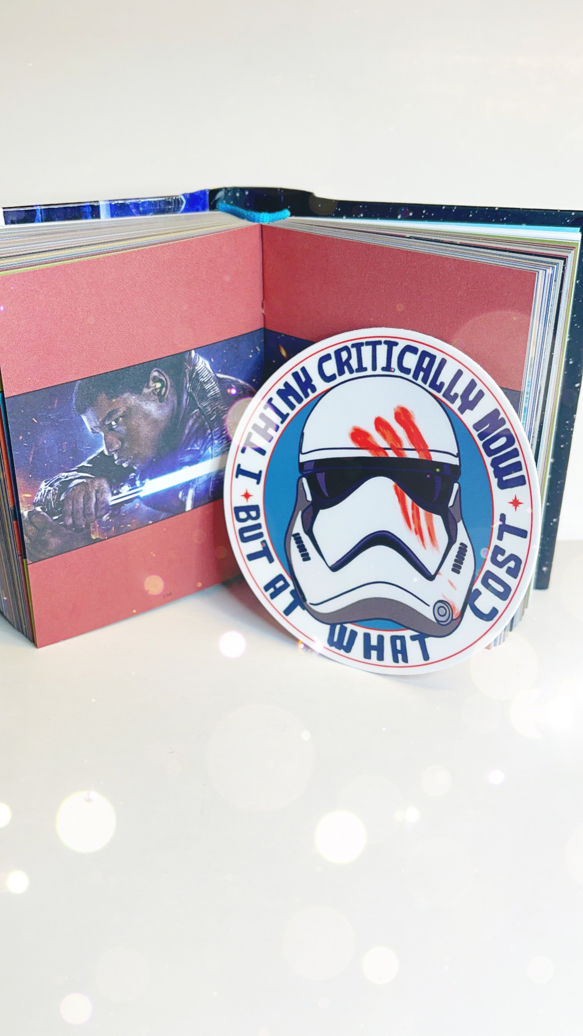 circle Vinyl Sticker featuring stormtrooper helmet with bloody finger streaks Finn First Order Trooper “I Think Critically Now But At What Cost”