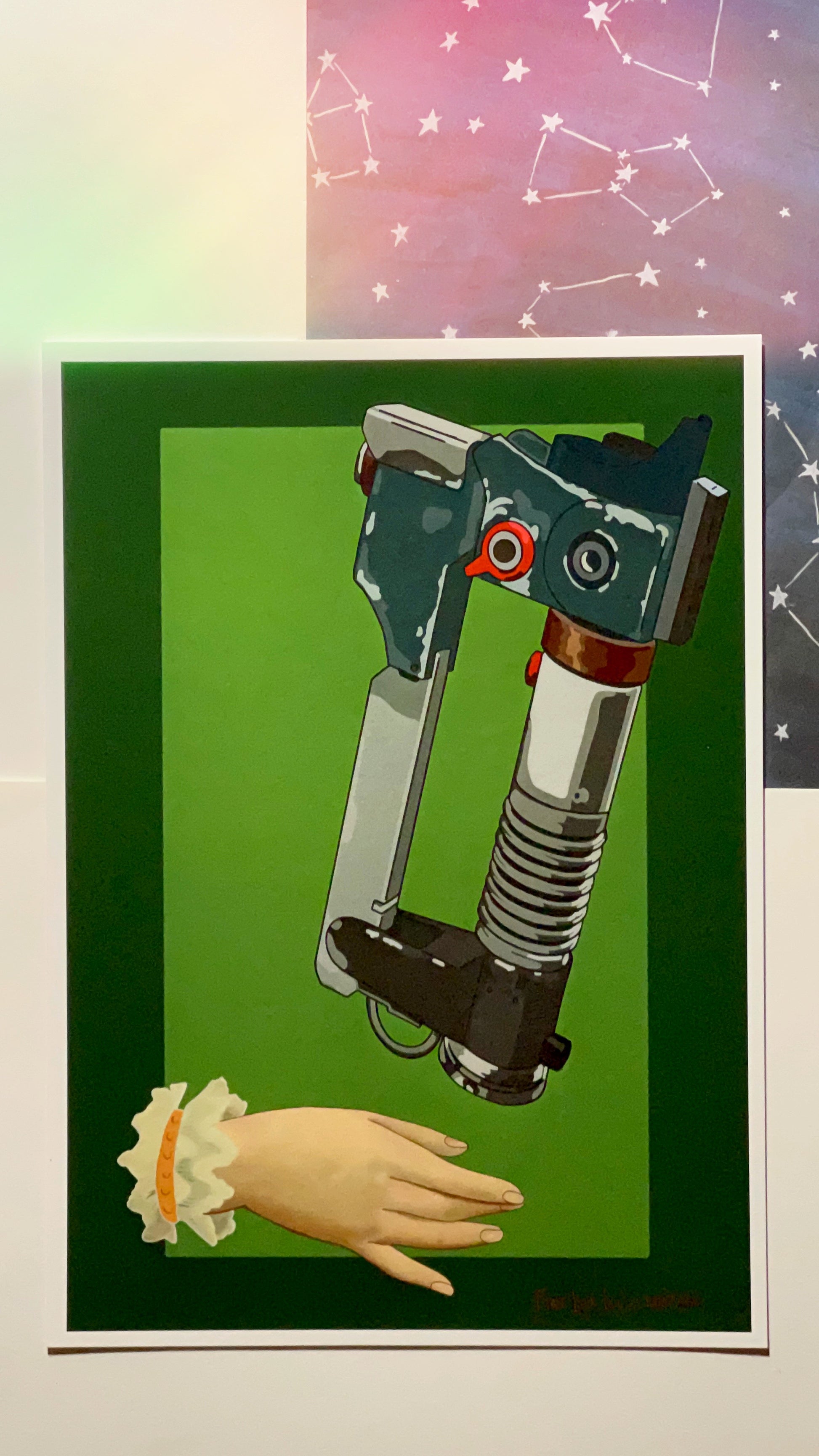 Art print based on Victorian calling card hands Ezra Bridger’s Lightsaber dual toned green background