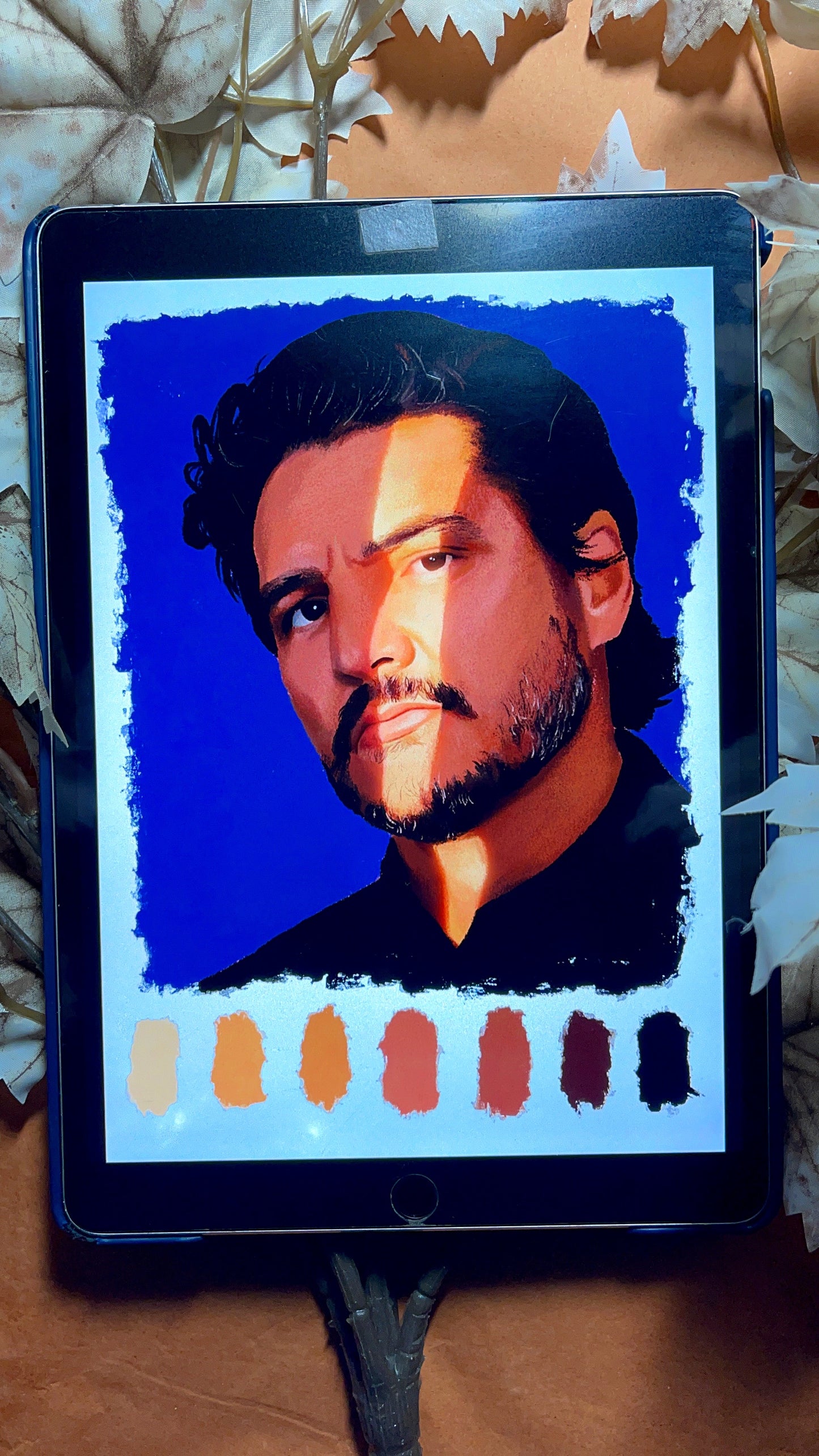 Art print of a Digital Sketchbook page with color palette swatches featuring Pedro Pascal with a beam of light across his face