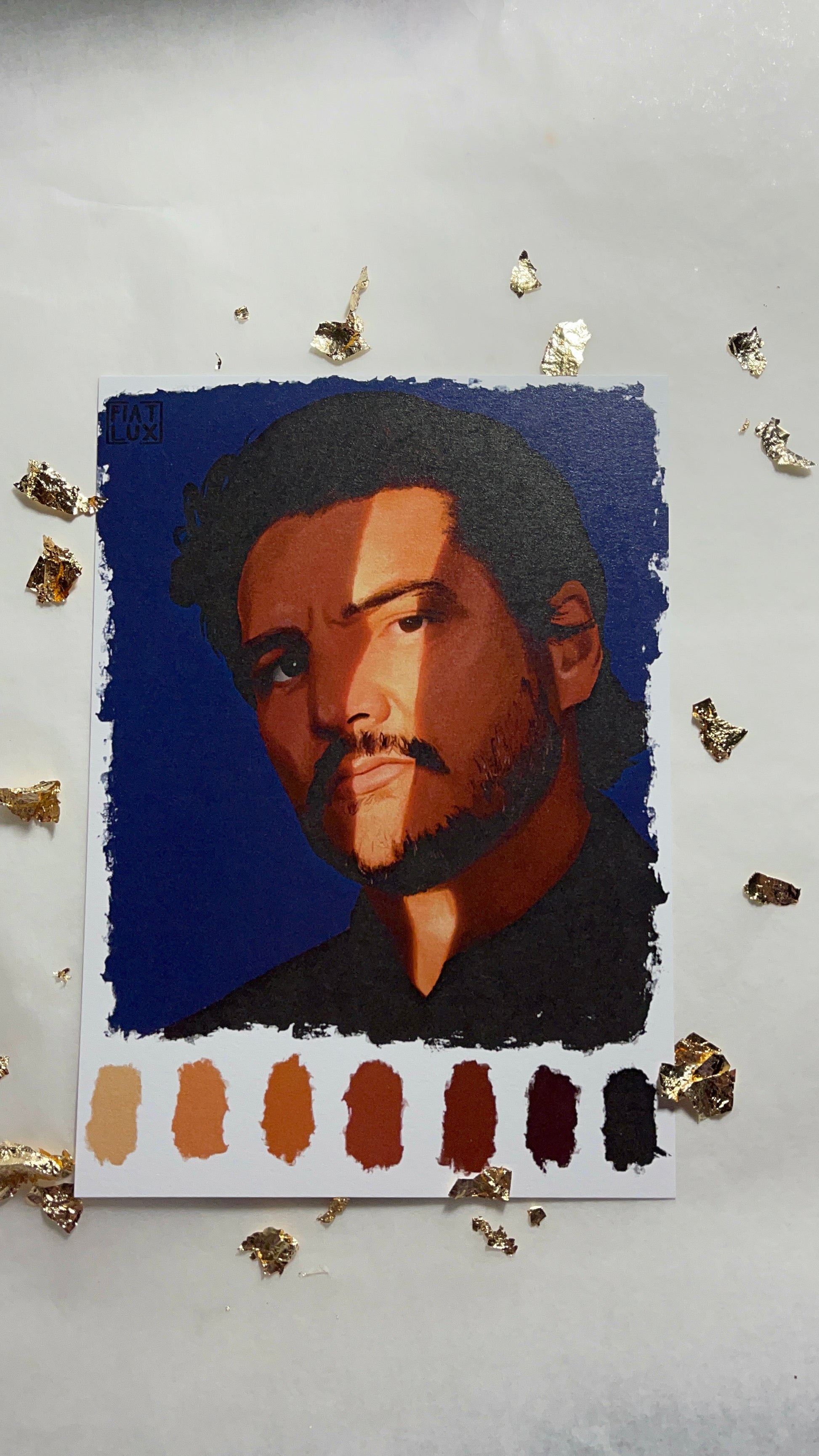 Art print of a Digital Sketchbook page with color palette swatches featuring Pedro Pascal with a beam of light across his face