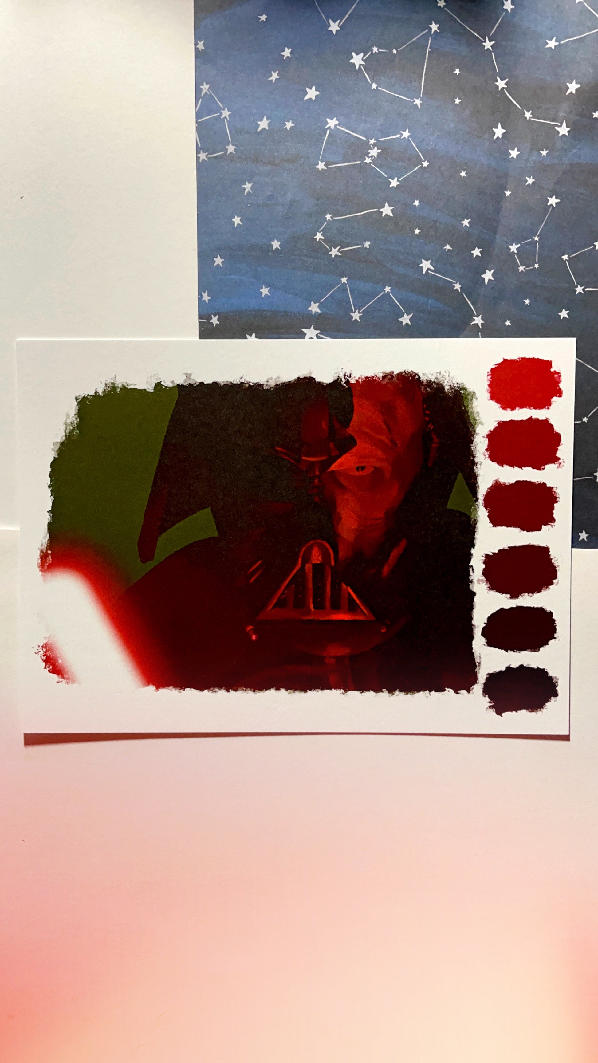 Art print of a Digital Sketchbook page with color palette swatches featuring darth vader in his cracked helmet showing anakin undernearth