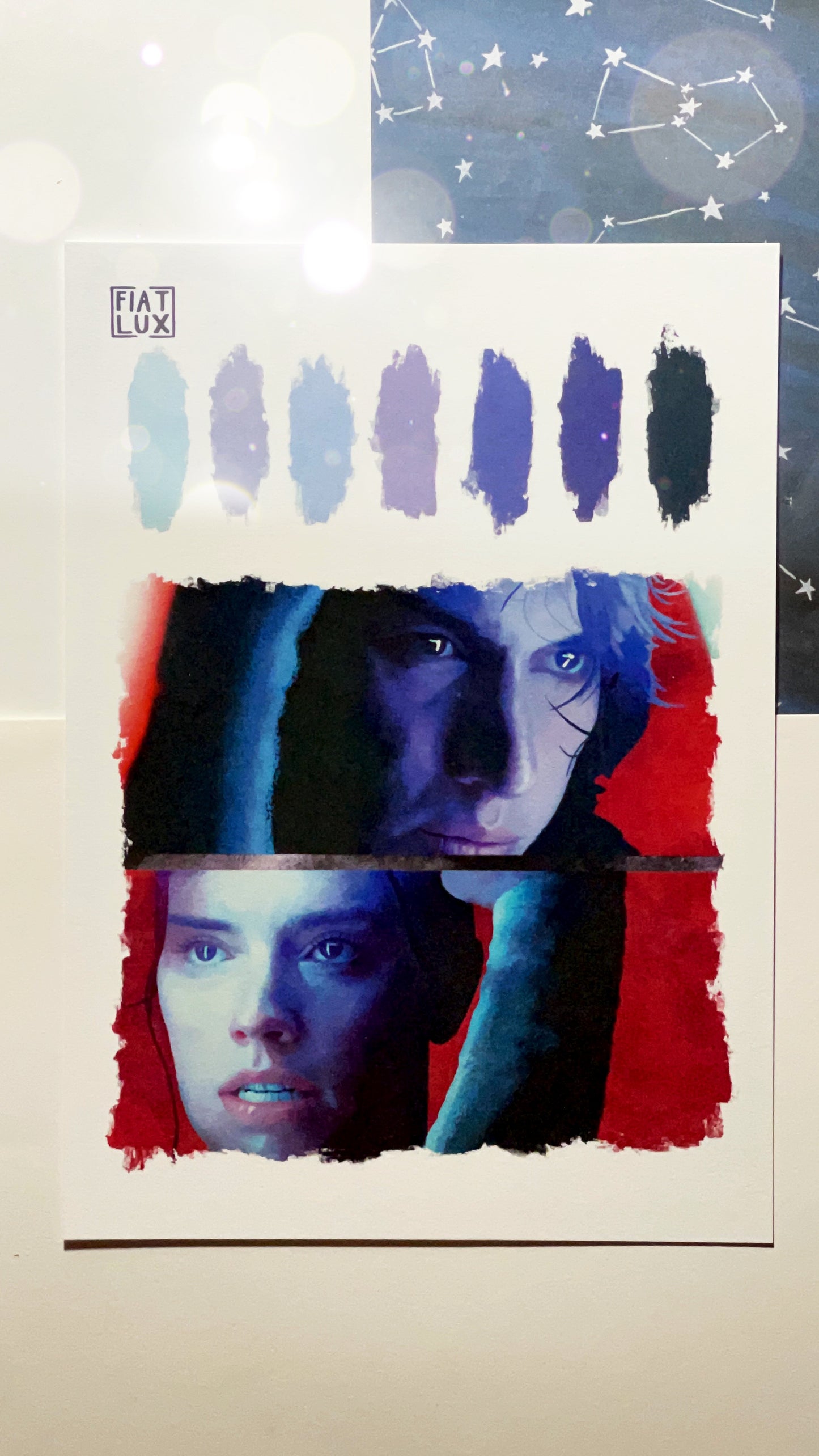 Art print of a Digital Sketchbook page with color palette swatches - Kylo Ren and Rey Illum Force Awakens portraits