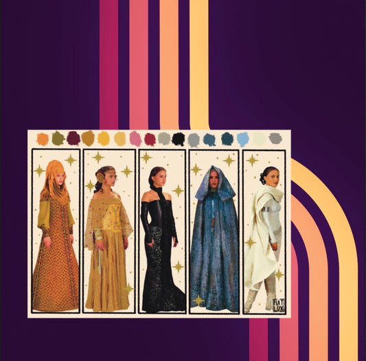 Art print of a Digital Sketchbook page with color palette swatches featuring five different costumes of Padme Amidala's in Attack of the Clones