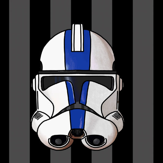Item is an acrylic keychain of the 501st's helmet from The Clone Wars with a blue middle stripe.