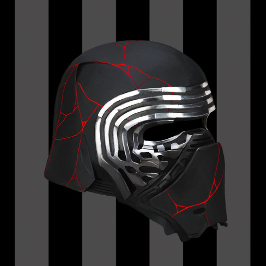 Item is an acrylic keychain of Kylo Ren's helmet after being reforged in with red soddering. Background is a pink toned sequin fabric.