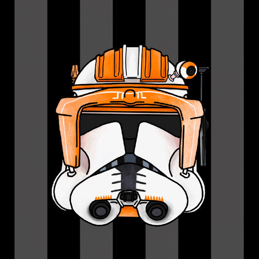 Item is an acrylic keychain of Commander Cody's helmet from The Clone Wars. Background is a pink toned sequin fabric.