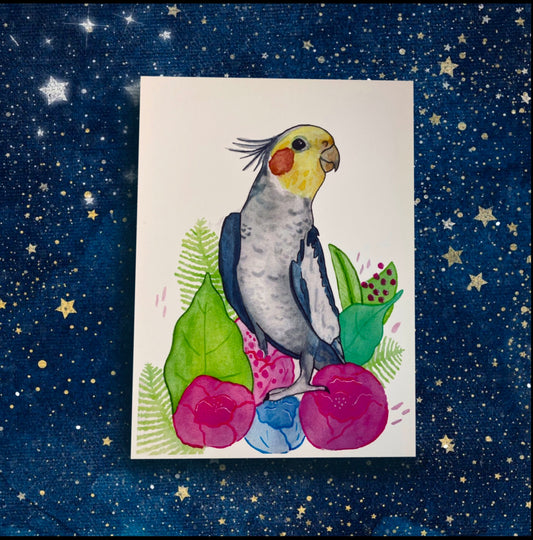 Cute Cheeky Parakeet Floral Pet Portrait - Watercolor Print