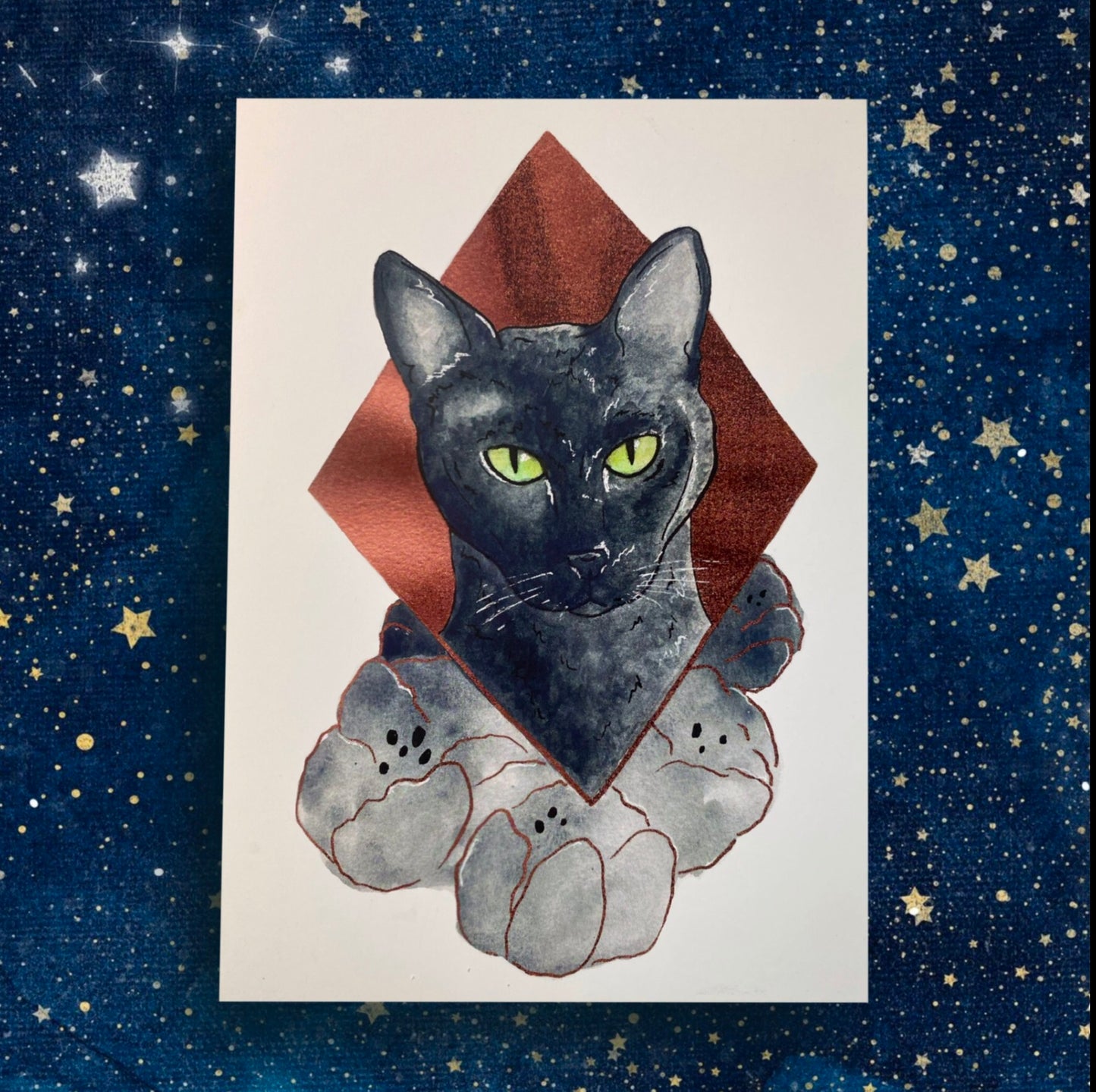 Black Cat Floral Bronze Pet Portrait | Watercolor Print