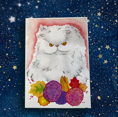 Persian Cat Floral Funny Angry Pet Portrait - Watercolor Print