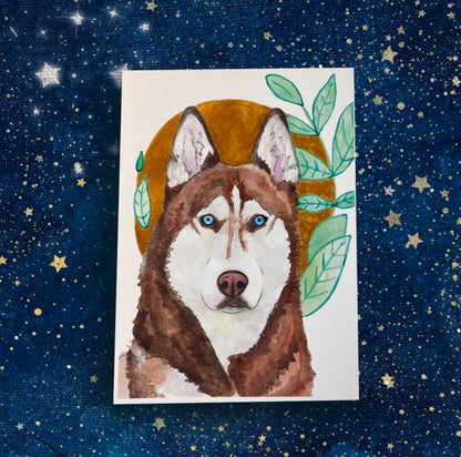 Red Husky Golden Halo Green Leaves Pet Portrait | Watercolor Print, Pet Art Commission, Pet Portrait From Photo, Husky Art, Pet Art Gift