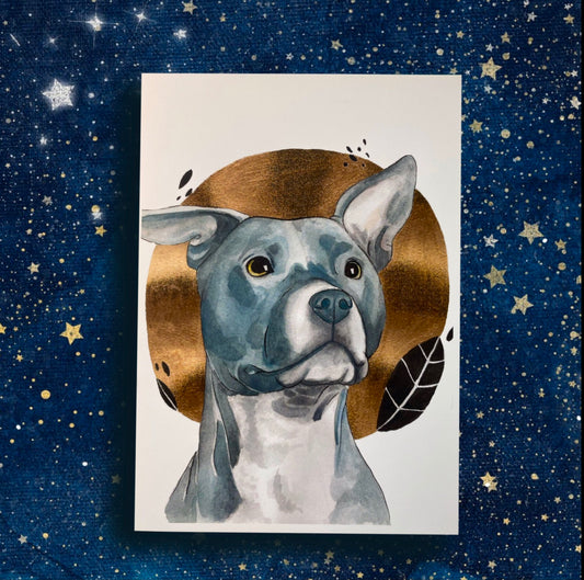 Gray Pitbull Golden Pet Portrait - Watercolor Print