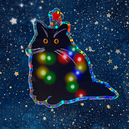 Holiday Yule Christmas Tree Black Cat Vinyl Water Resistant Sticker