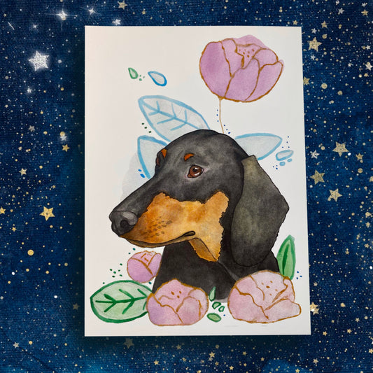 Brown and Black Dachshund Doxie Floral Pet Portrait | Watercolor Print