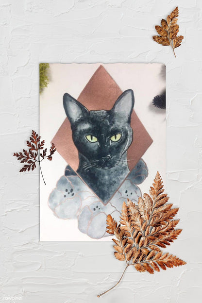 Black Cat Floral Bronze Pet Portrait | Watercolor Print.