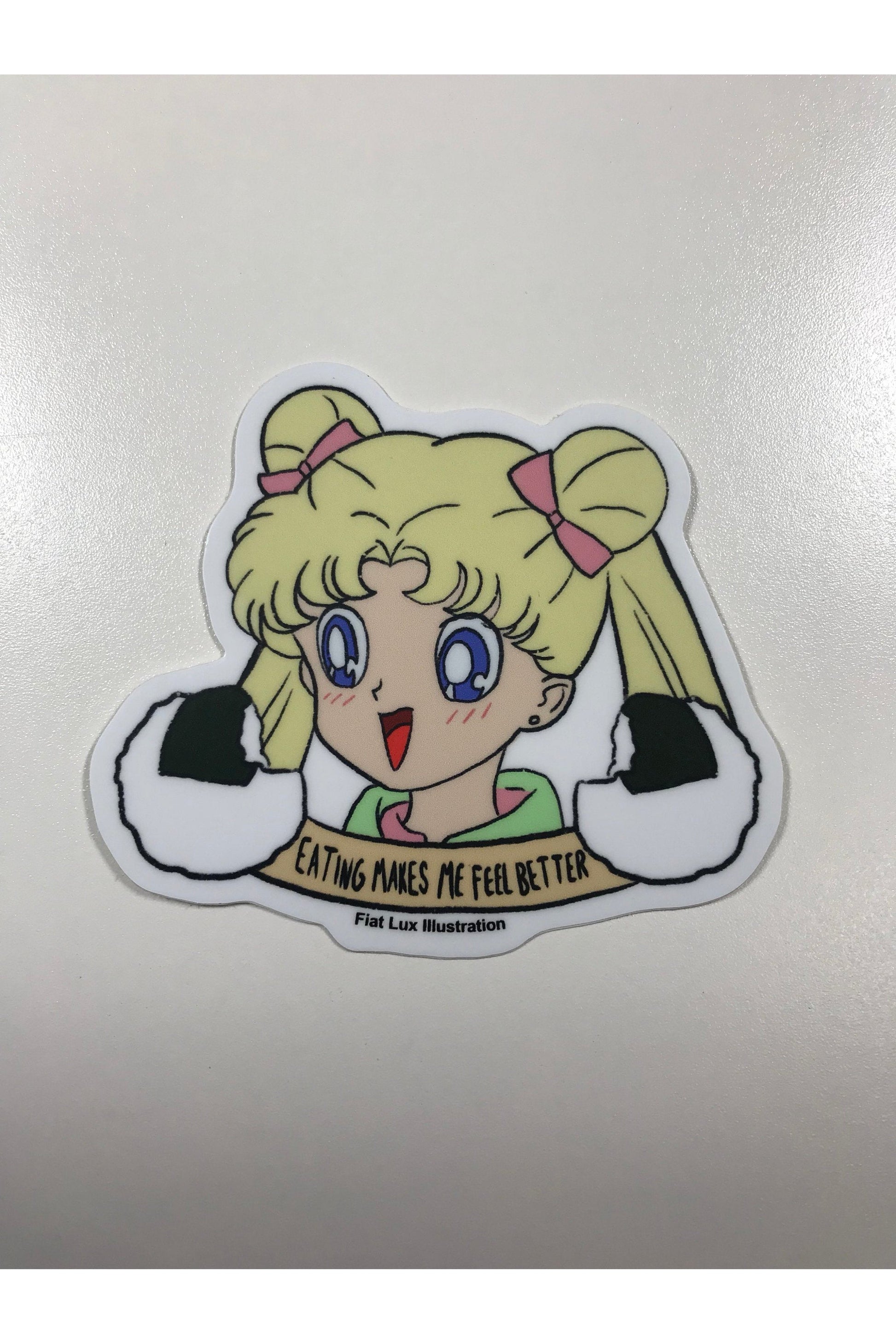 Sailor Moon Pretty Guardian Usagi Tsukino "Eating Makes Me Feel Better" Vinyl Sticker.