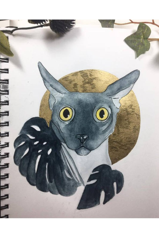 Sphinx Hairless Cat Gold Halo Black Monstera Leaves Pet Portrait - Watercolor Print.