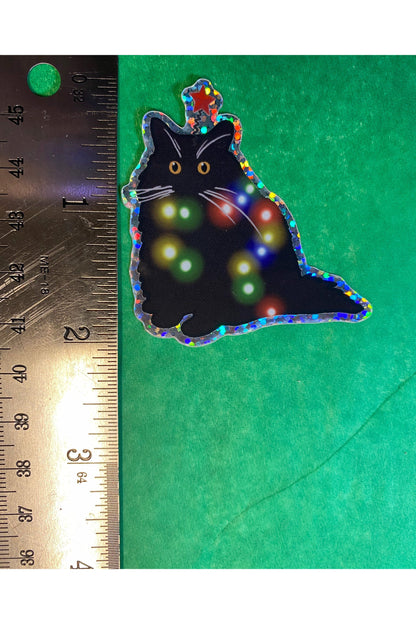 Holiday Yule Christmas Tree Black Cat Vinyl Water Resistant Sticker.