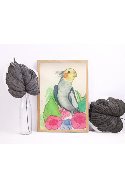 Cute Cheeky Parakeet Floral Pet Portrait - Watercolor Print.
