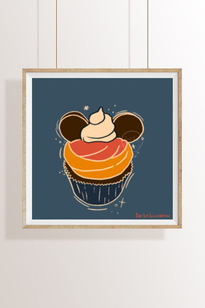 Mickey Cupcake Disney Inspired Dessert Food Illustration Mini Print 4x4.