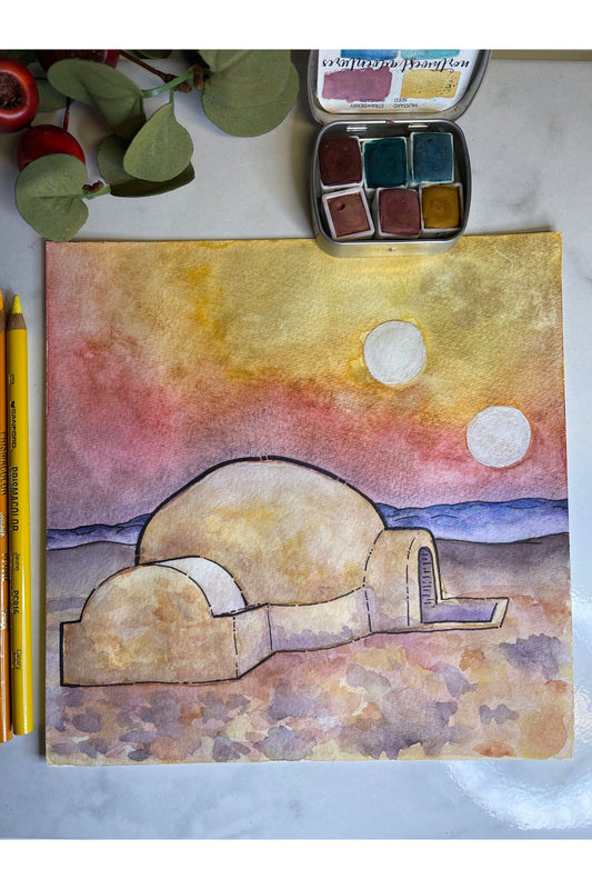 Binary Sunset Original Watercolor 8x8.